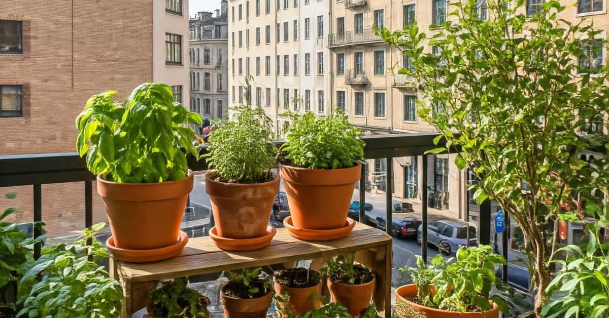 compact balcony plants herbs pots