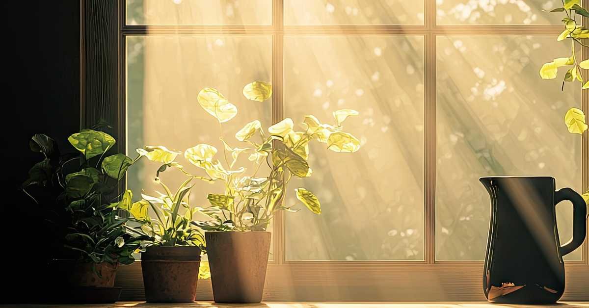 indoor herb plant stretching toward window low light