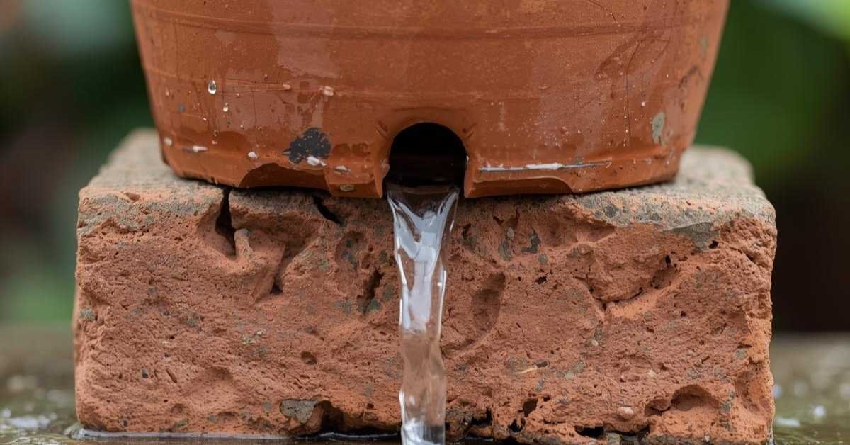 Checking plant pot drainage hole with water draining bottom brick under pot